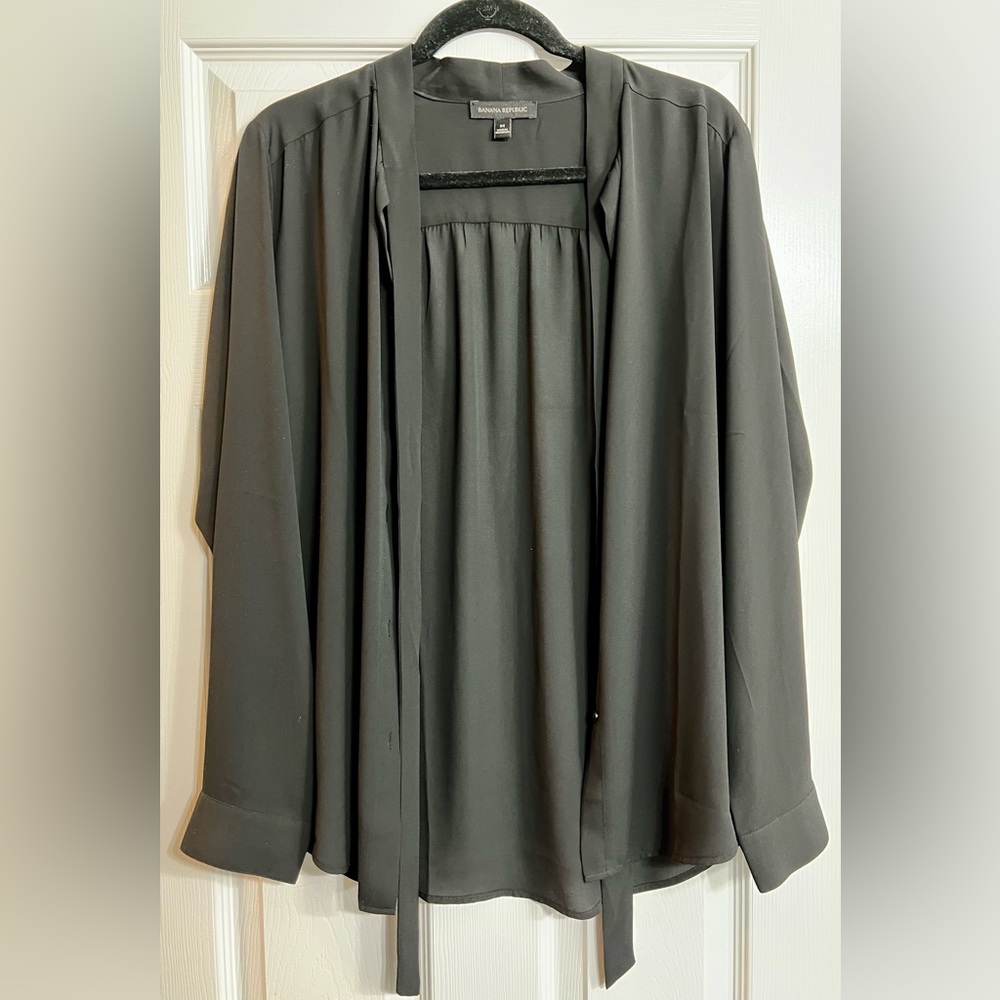 Medium Banana Republic black blouse button down with neck tie bottom sleeves
